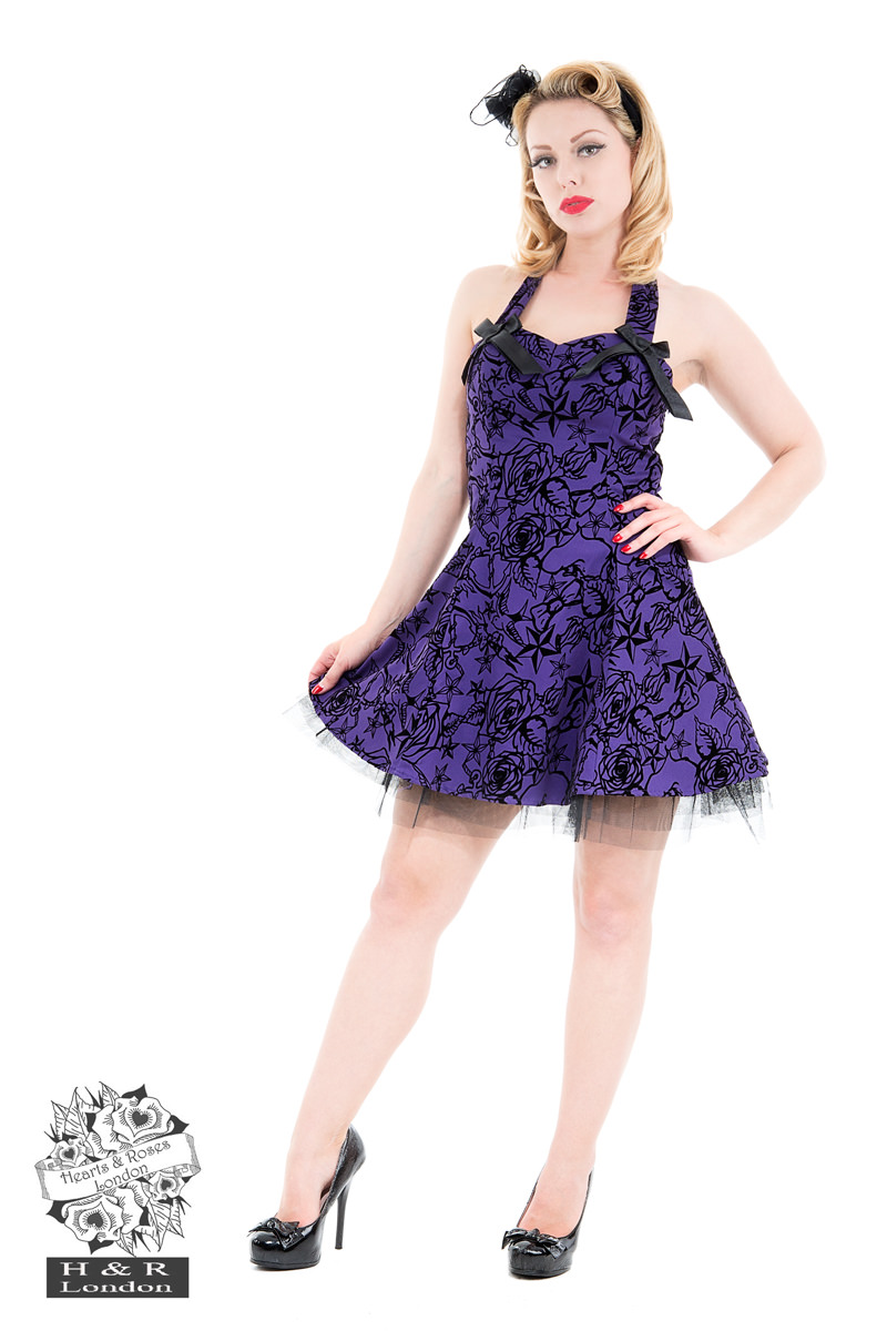 Purple Flocked Evening Swing Dress